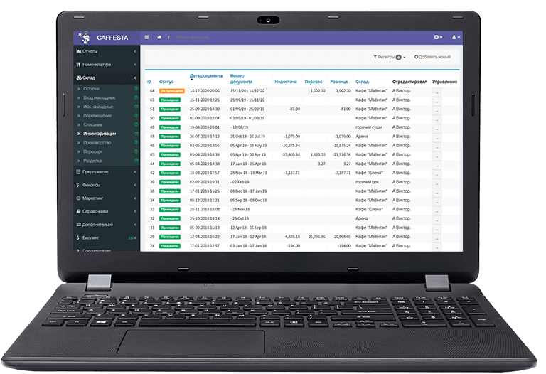 Ноутбук со страницей инвентаризации административной части Caffesta