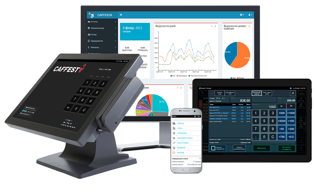 Варианты отображения программы Caffesta на устройствах, используемых в различных бизнесах