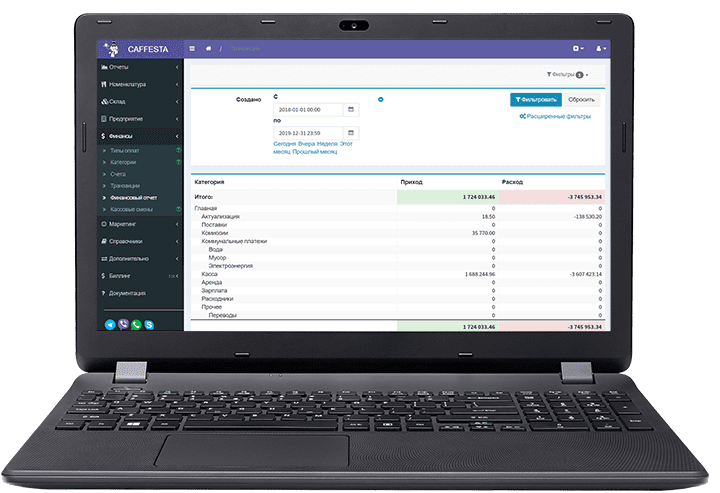 Ноутбук со страницей финансового отчёта из административной части Caffesta